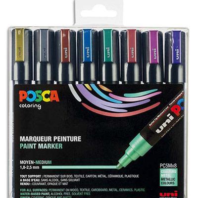 COFFRET UNIBALL DE 8 MARQUEURS PEINTURE POSCA METALLISES, POINTE MOYENNE, COULEURS ASSORTIES