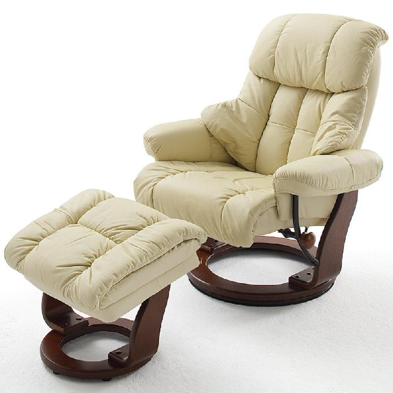 FAUTEUIL RELAX CLAIRAC ASSISE EN CUIR CRÈME PIED EN BOIS NOYER AVEC REPOSE PIED_0