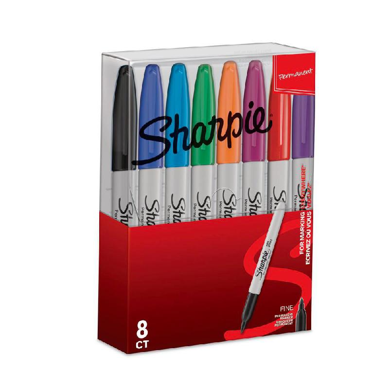 MARQUEUR PERMANENT SHARPIE FINE - POINTE OGIVE 0,9 MM - POCHETTE 8 COULEURS ASSORTIES (PAQUET 8 UNITES)