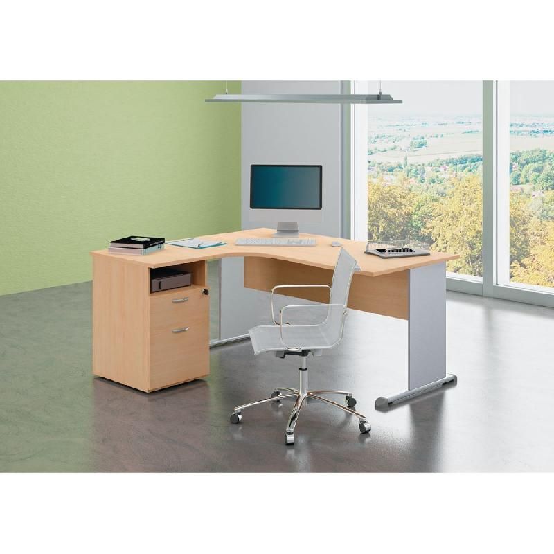 PACK PRONTO TENDANCE : 1 BUREAU COMPACT RETOUR À GAUCHE HÊTRE PIEDS ALUMINIUM + 1 CAISSON HAUTEUR BUREAU PROF. 60 CM