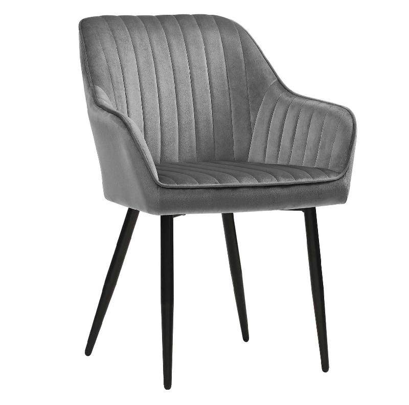 Chaise de salle à manger rembourrée avec accoudoirs - Velours gris clair - Pieds en métal - Assise 49 cm - Charge 110 kg - Modèle 12_0002426_0