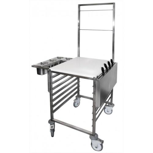 CHARIOT DU CHEF INOX AVEC RANGEMENTS ET DESSUS POLYÉTHYLÈNE