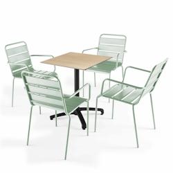 Oviala Business Ensemble table de terrasse stratifié chene naturel et 4 fauteuils sauge - Oviala - vert métal 110166_0