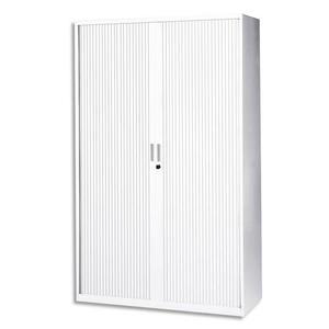 MT International - Armoire haute métal monobloc avec rideaux blancs, 4 tablettes, dimensions L120 x H198 x P43 cm_0