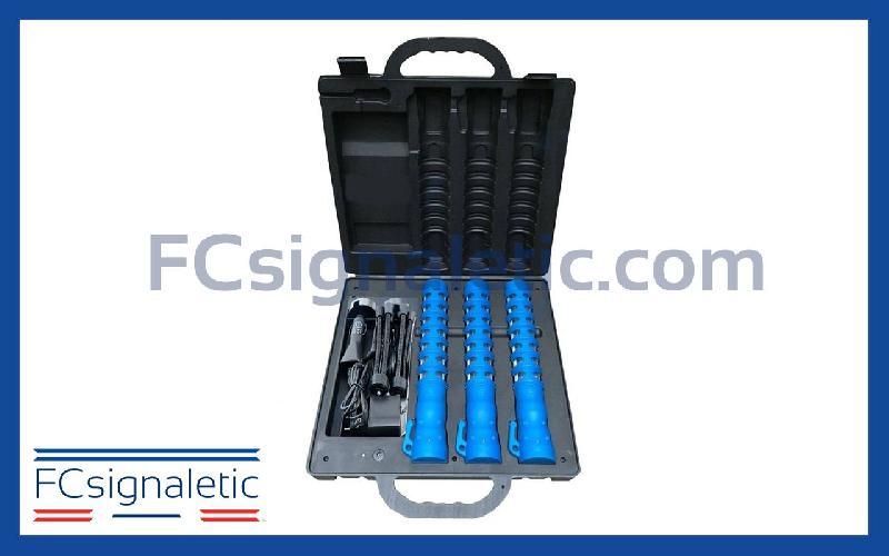 Valise de 3 bâtons led bleu de signalisation autonomes magnétiques et rechargeables_0