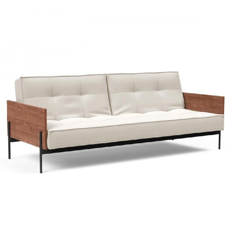 Canapé-lit Innovation Living Splitback Lauge - Convertible 115x210 cm - Tissu Bouclé Off White - Accoudoirs Noyer_0