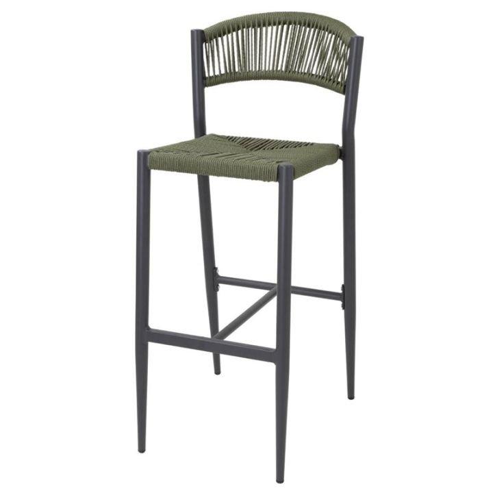 Lot de 2 tabourets de bar empilables, structure en aluminium, assise dossier en rotin tressé vert EDEN_0