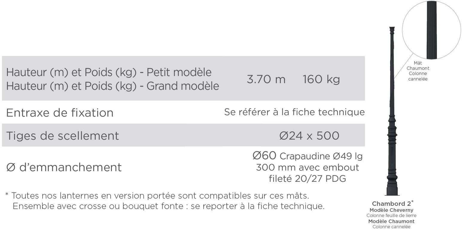 Mât d'éclairage public chambord n°2 - chevery et chaumont / hauteur 3.7 m / en fonte thermolaquée_0