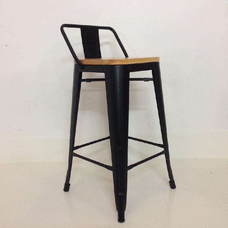 Tabouret de bar en metal factory avec dossier - noir mat assise bois - h.Assise 68cm_0