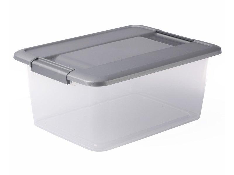 Boîte plastique transparente avec couvercle argent - L. 38 x P. 28,5 x H. 16,5 cm - Superposable_0