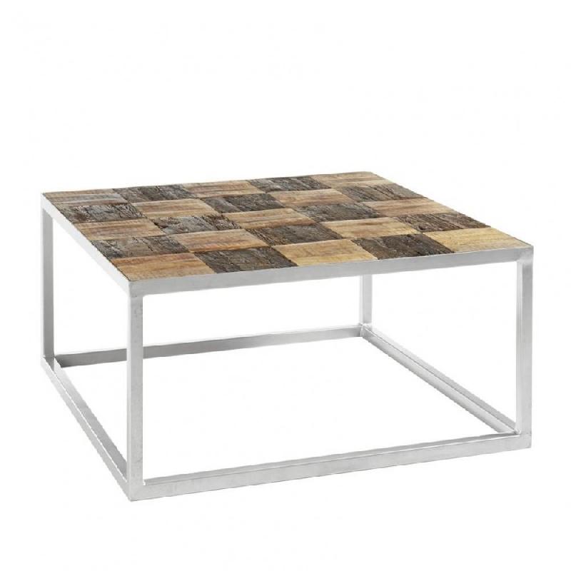 Table basse Broder 80x80 cm - Métal laqué silver et plateau en manguier massif_0