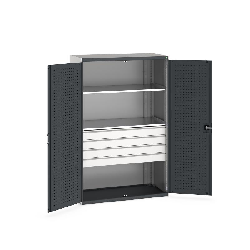 Armoire d'atelier Cubio SMF-13620 - Portes Perfo, 2 tablettes, 4 tiroirs - 1300x650x2000 mm_0