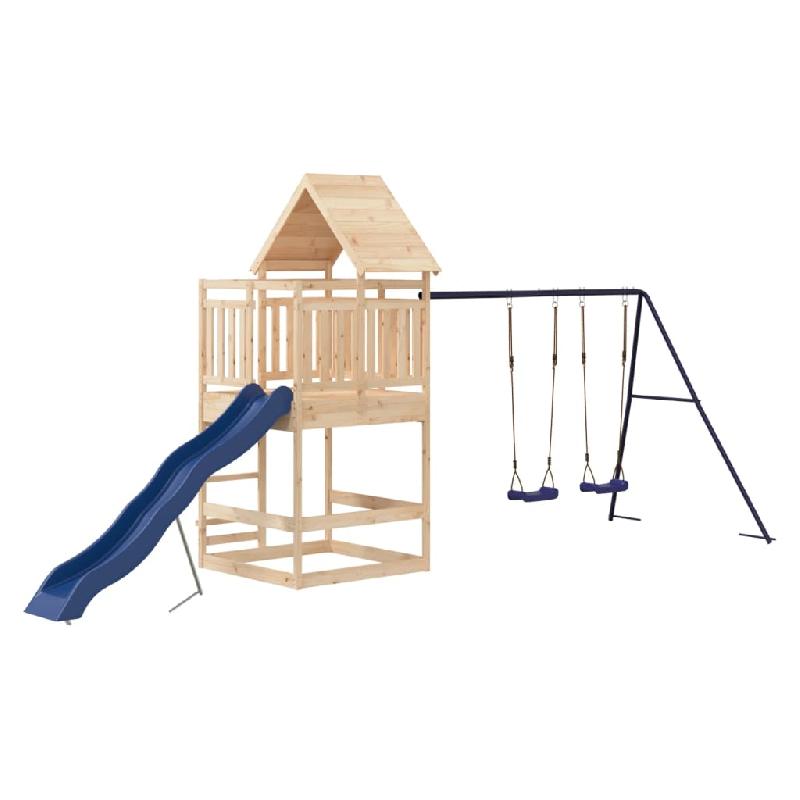 Aire de jeux d'extérieur en bois de pin massif - Balançoires, toboggan ondulé, portiques robustes - 553 x 206 x 264 cm - Réf. 02_0004942_0