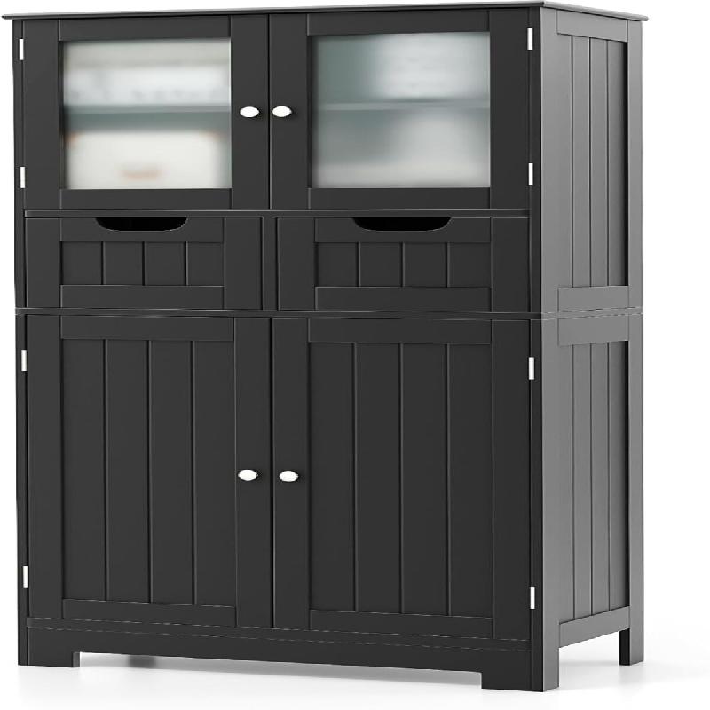 COSTWAY Meuble de salle de bain avec 2 tiroirs et 4 portes, meuble de salle de bain avec étagères réglables (noir) - noir VH34880PW_0