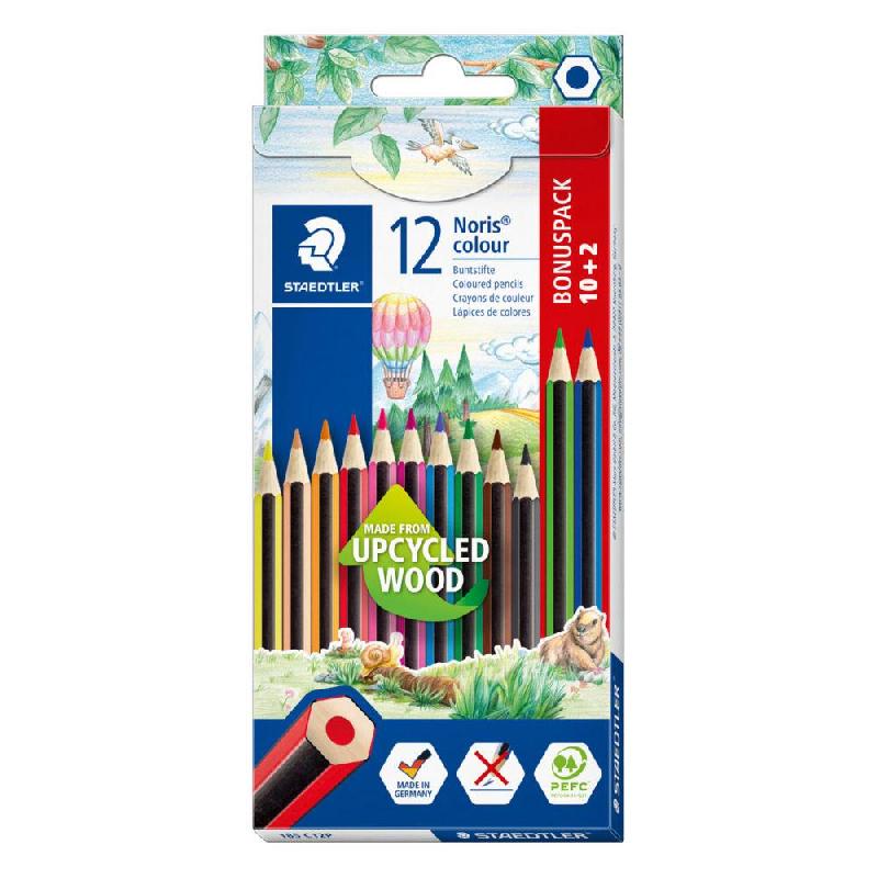 CRAYON DE COULEUR STAEDTLER NORIS 185 HEXAGONAL EN BOIS UPCYCLE COLORIS ASSORTIS - ETUI DE 10 + 2 OFFERTS