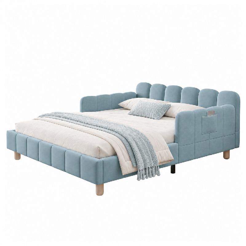 Merax Lit rembourré 140 x 200 cm avec tête de lit rembourrée, protection antichute, accoudoirs flexibles et pieds en bois d'hévéa, bleu velours -_0