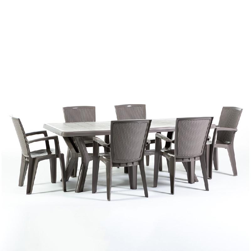RATTATAN Ensemble repas de jardin composé de la table rectangulaire en résine Samuel, 6 chaises en résine monobloc empilables effet rotin Diana - T_0