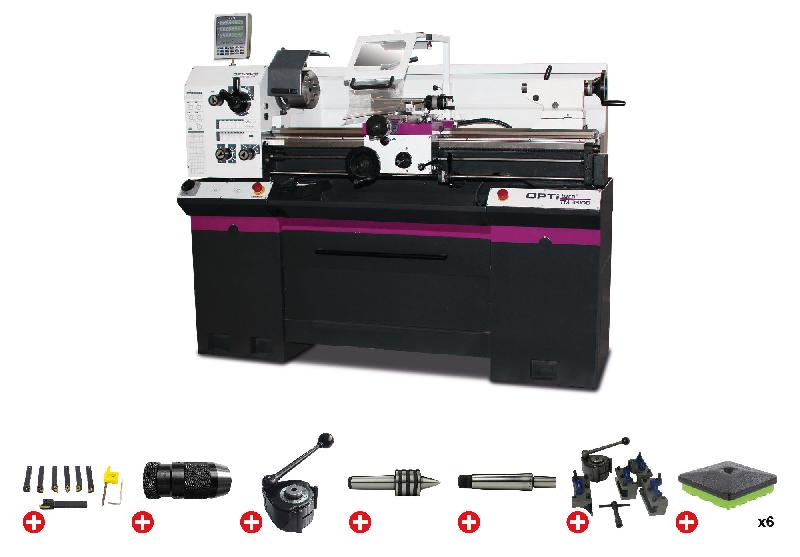 Tour à métaux hauteur des pointes 165 mm entre-pointes 1000 mm alésage 38 mm 1,5 kW 400V avec accessoires essentiels Optiturn TM3310D PACK_0