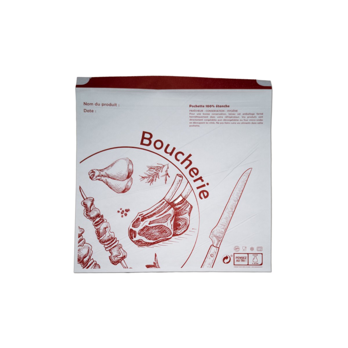 1000 pochettes adhésives boucherie personnalisables - 25x25 cm - papier 44g/m² - étanches et fabriquées en France_0