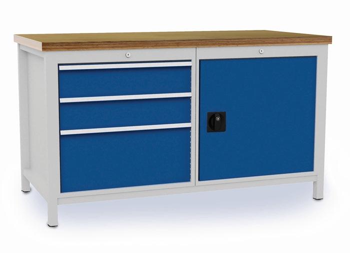 Établi bleu séc., RAL 5005 gris clair, RAL 7035 l1500xH859xP750 mm Hêtre multiplex 40 mm 3 tiroirs 1 porte BEDRUNKA+HIRTH_0