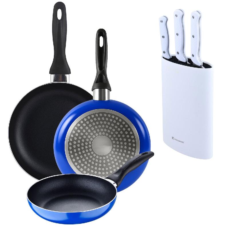 BERGNER - Set 3 Poêles Ø16/20/24cm aluminium Pressé Adapté Induction Blue Navy Paradise avec Ensemble 3 couteaux avec bloc à couteaux acier inoxy_0