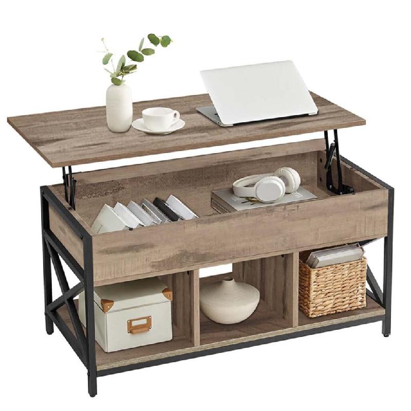 Helloshop26 - Table basse de salon relevable avec rangement caché et compartiments ouverts cadre en acier 50 x 100 x 62 cm marron 12_0007492 - 300022_0