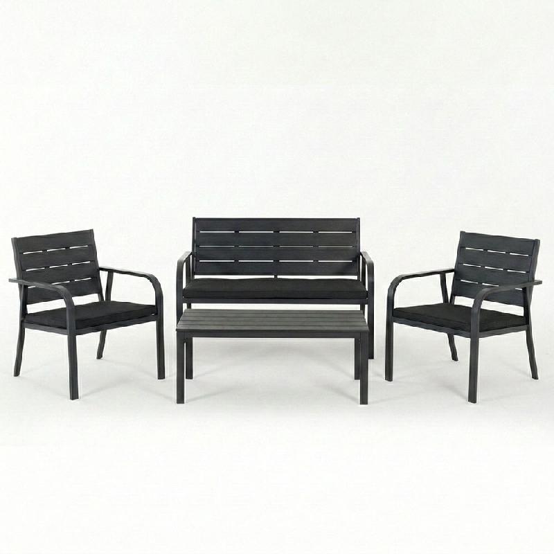 RATTATAN Set de jardin avec canapé, 2 fauteuils et table en métal et polyéthylène effet bois avec coussins, idéal pour terrasse et jardin - MATER_0