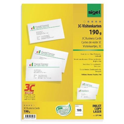 Sigel Etui de 100 cartes de visite imprimables, 85 x 55 mm, 190 g/m² (10 planches A4 bords lisses) - blanc LP790_0