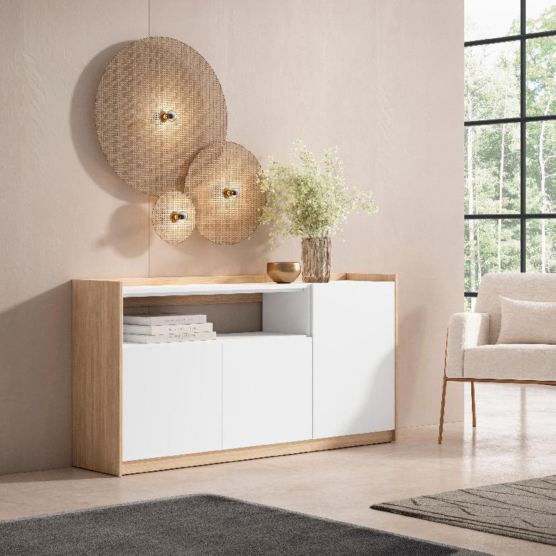 SKRAUT HOME - BUFFET SALON ET CUISINE, 156X80X37 CM, 3 PORTES, MEUBLE CHAUSSURE, BLANC ET CHÊNE SOFT