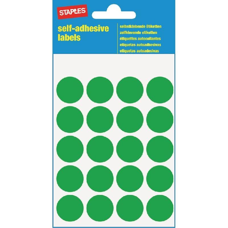 STAPLES PASTILLE ADHÉSIVE COULEUR - STAPLES - Ø 19 MM - COLORIS VERT - 100 PASTILLES