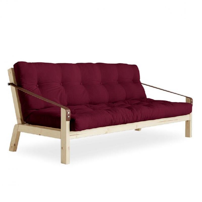 BANQUETTE FUTON POETRY EN PIN MASSIF COLORIS BORDEAUX COUCHAGE 130 X 190 CM._0