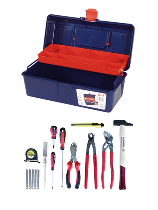 Caisse à outils 11 pièces - Boîte avec étage et coffret de rangement (400 x 206 x 180 mm) - Marteau, tournevis, scie et accessoires_0