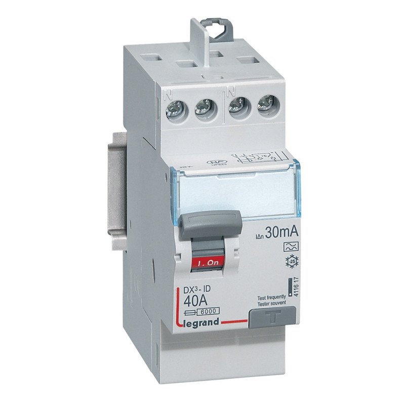 INTERRUPTEUR DIFFÉRENTIEL DX³-ID ARRIVÉE HAUTE ET DÉPART HAUT À VIS 2P 230V 40A TYPE A 30MA - LEGRAND - 411617
