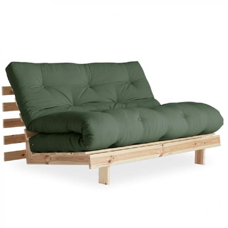 CANAPÉ CONVERTIBLE FUTON ROOTS PIN NATUREL COLORIS VERT OLIVE COUCHAGE 140*200 CM._0