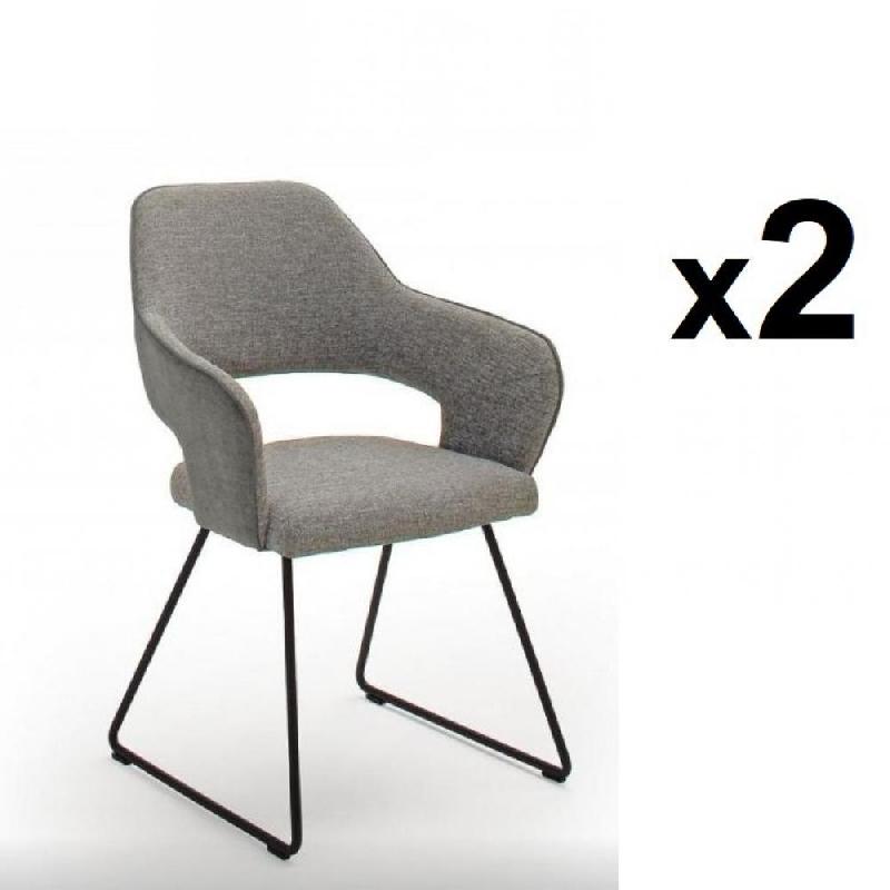 Lot de 2 chaises design NABAS - Tissu gris bimatière - Pieds traîneau en acier laqué anthracite_0