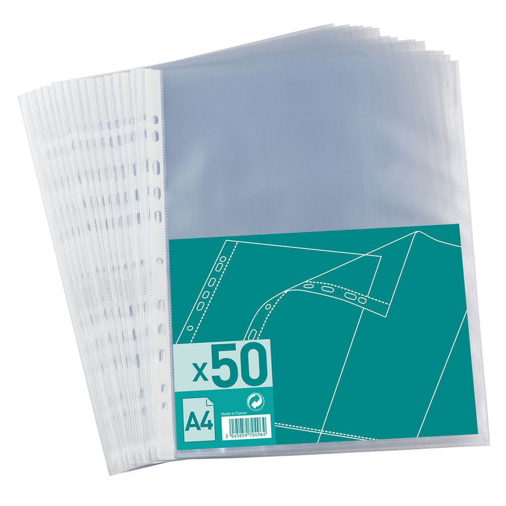 POCHETTES PERFOREES POLYPROPYLENE 4/100E - A4 PERFOREES 11 TROUS - CAPACTE 20 FEUILLES - INCOLORE - PAQUET 50 UNITES
