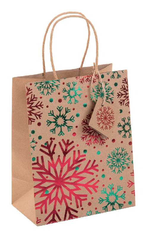 Sac cadeau Noël - Petit format en papier kraft recyclé avec motif estampillé, poignées rondes et étiquette cadeau_0