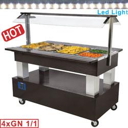 Buffet chauffant bain-marie 4 x1/1 en bois wenge - 1440x660(950)xh1370 - BBM/4N-B1 avec soubassement traversant et tablettes rabattables_0