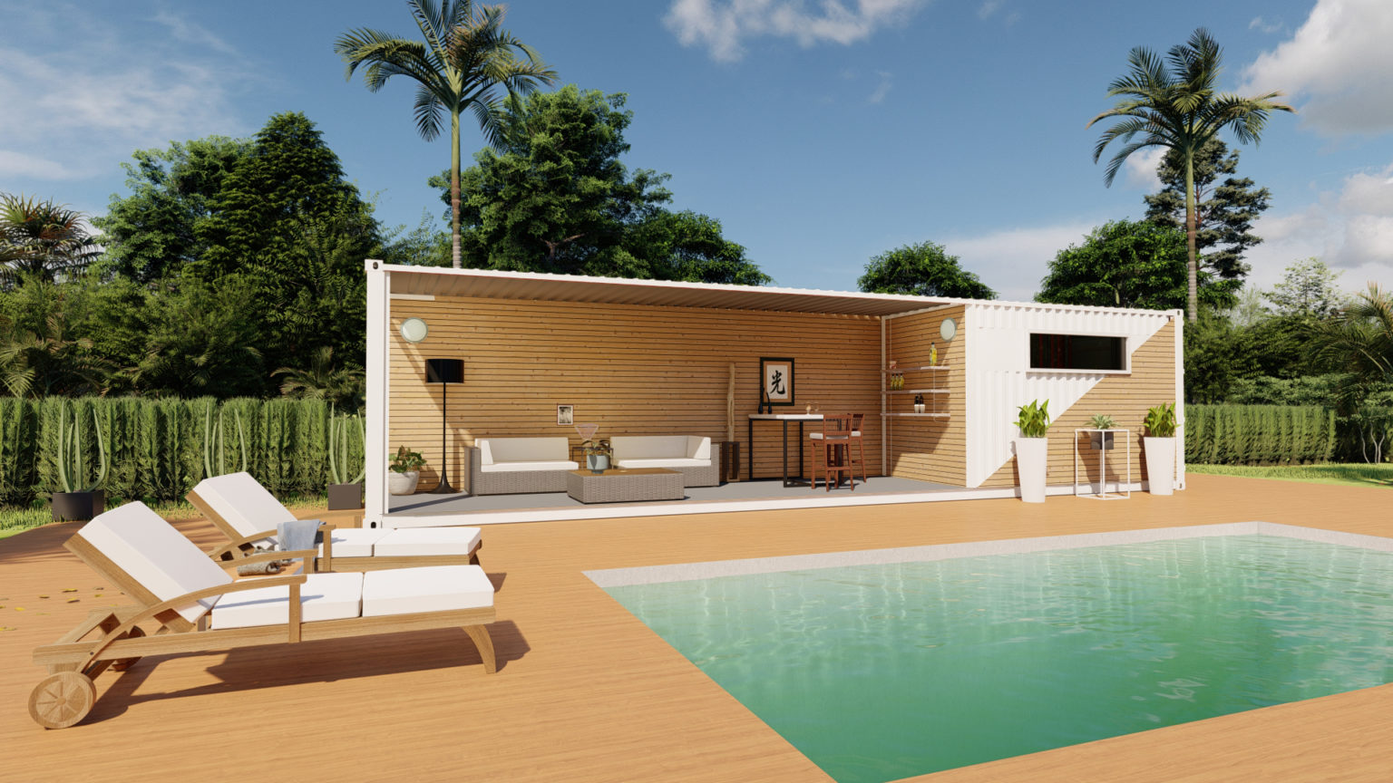 Pool house Kub 2 - espace terrasse et stockage pour local technique piscine - container 40 pieds contemporain_0