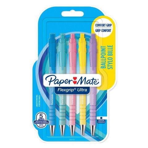 STYLO BILLE PAPER MATE FLEXGRIP ULTRA CORPS PASTEL RÉTRACTABLE POINTE MOYENNE 1 MM ENCRE BLEUE - BLISTER DE 5