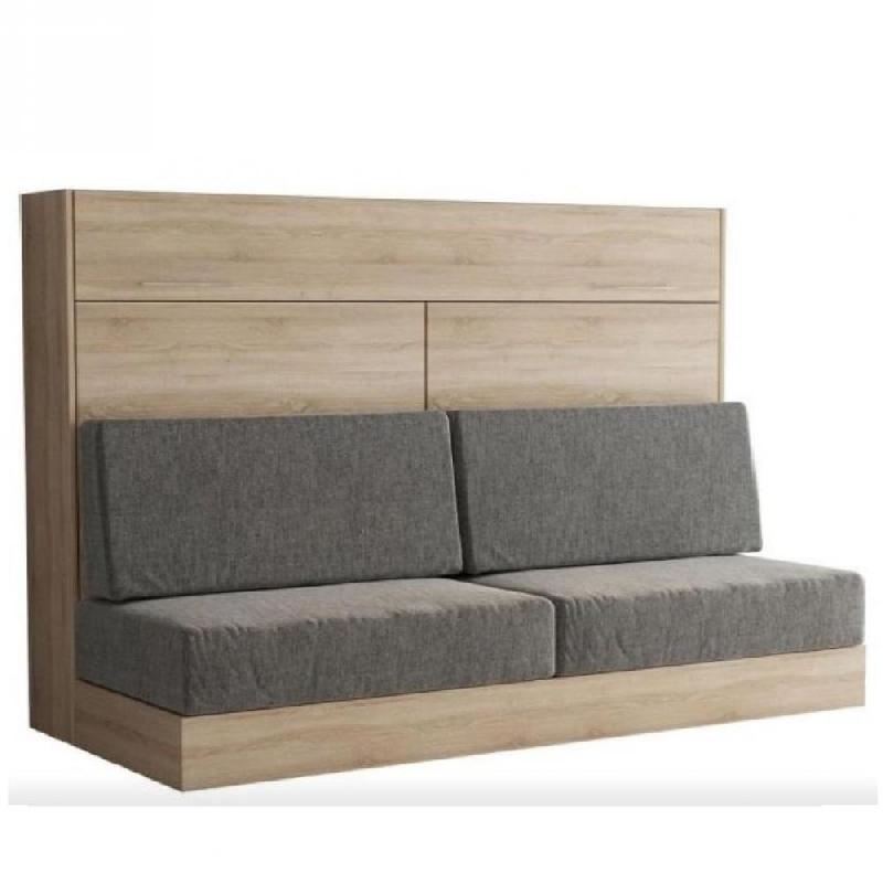 Armoire-lit escamotable VERTIGO SOFA - Chêne naturel - Canapé gris 4 coussins - Couchage 160x200 cm avec sommier à lattes_0