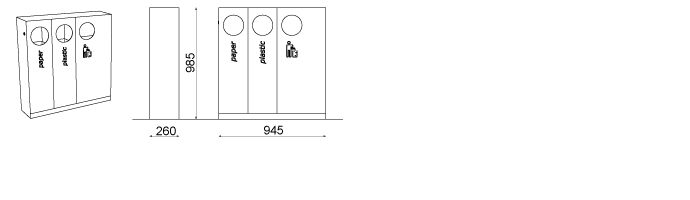 Cs350x - poubelle publique MMCité 1 a.S. - corps en acier galvanisé, 3 compartiments, 2x32L et 55L, sans couvercle ni cendrier_0