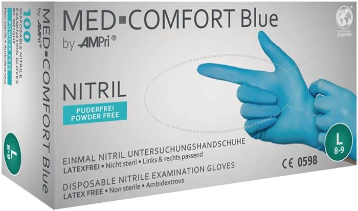 Gants jetables Med Comfort Blue - Taille L - Nitrile bleu - EN 374, EN 455, Catégorie EPI III - 100 pièces/boîte - AMPRI_0