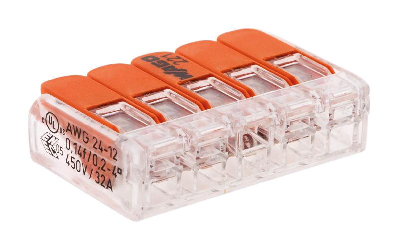 Lot de 20 bornes de raccordement S221 COMPACT - Connexion rapide - 5 conducteurs avec leviers 4mm² - Wago - Orange - Norme CE - Garantie 2 ans_0
