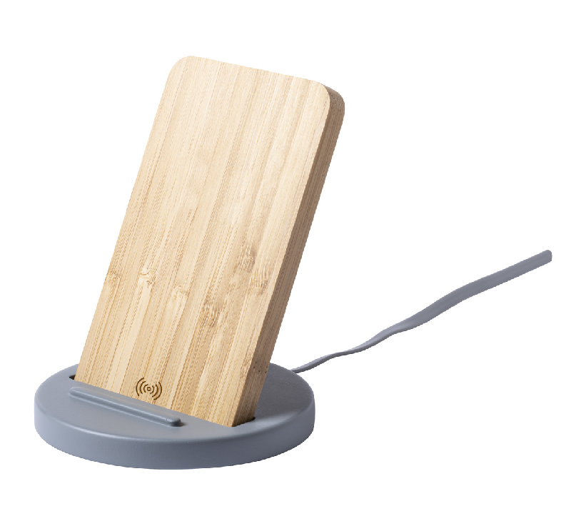 Support mobile de bureau en ciment calcaire et bambou - chargeur sans fil 5W intégré - câble USB assorti_0
