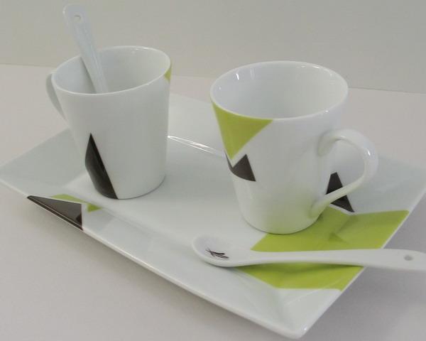 2 tasses à café et plateau rectangulaire - Grain de café - Porcelaine blanche - Anis et Chocolat_0