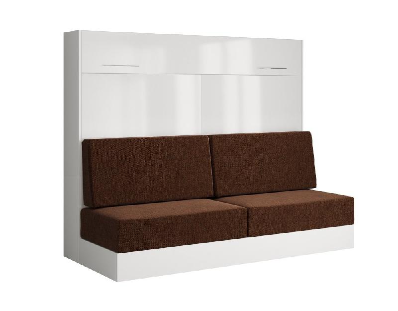 ARMOIRE LIT ESCAMOTABLE VERTIGO SOFA FAÇADE BLANC BRILLANT CANAPÉ MARRON COUCHAGE 160*200 CM_0