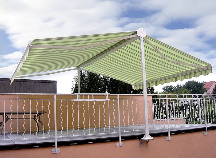 Stores d'extérieur bi-banne becher - abri de terrasse à double pente, aluminium et coffre de protection_0