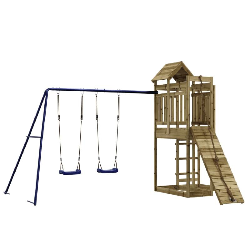 Aire de jeux d'extérieur robuste en bois de pin imprégné - balançoires, toboggan, portiques, 361 x 282 x 238 cm - Réf. 02_0004780_0