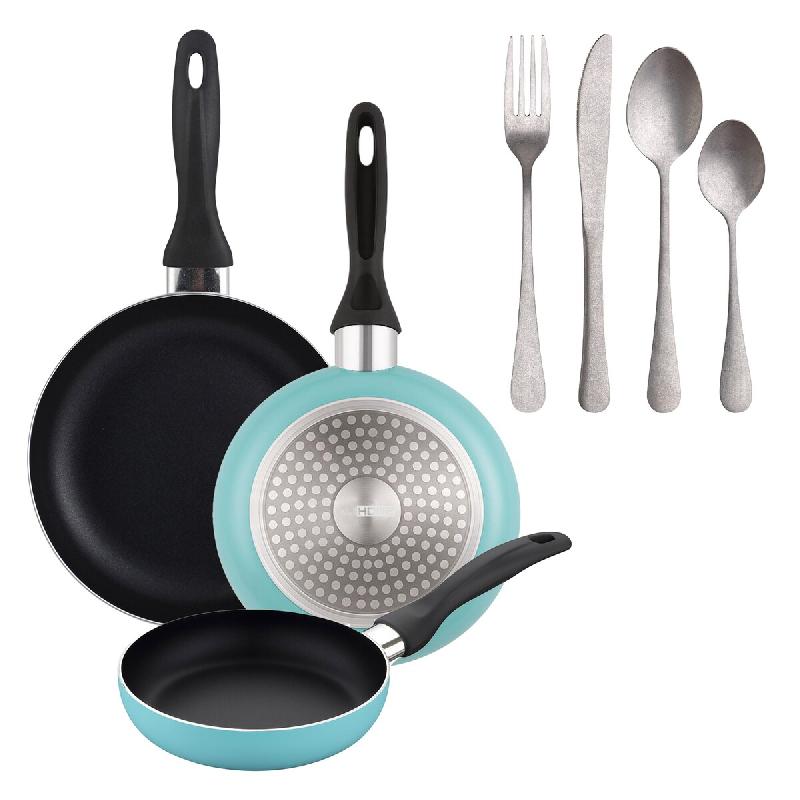 BERGNER - Set de 3 poêles Ø16/20/24cm en aluminium pressé bleu mat avec set de 16 couverts en acier inoxydable - PK9927_0